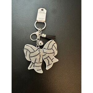 Volleyball Rhinestone Bow Tassel Keychain Bag Charm Silver Tone